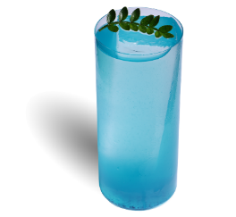 A glass with a blue liquid and a green leaf on top Description automatically generated