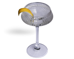 A glass with a lemon wedge Description automatically generated