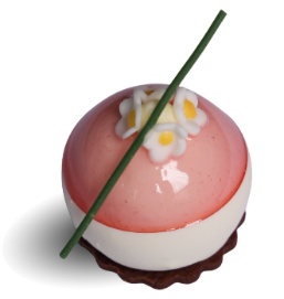 A small round dessert with a green stem Description automatically generated